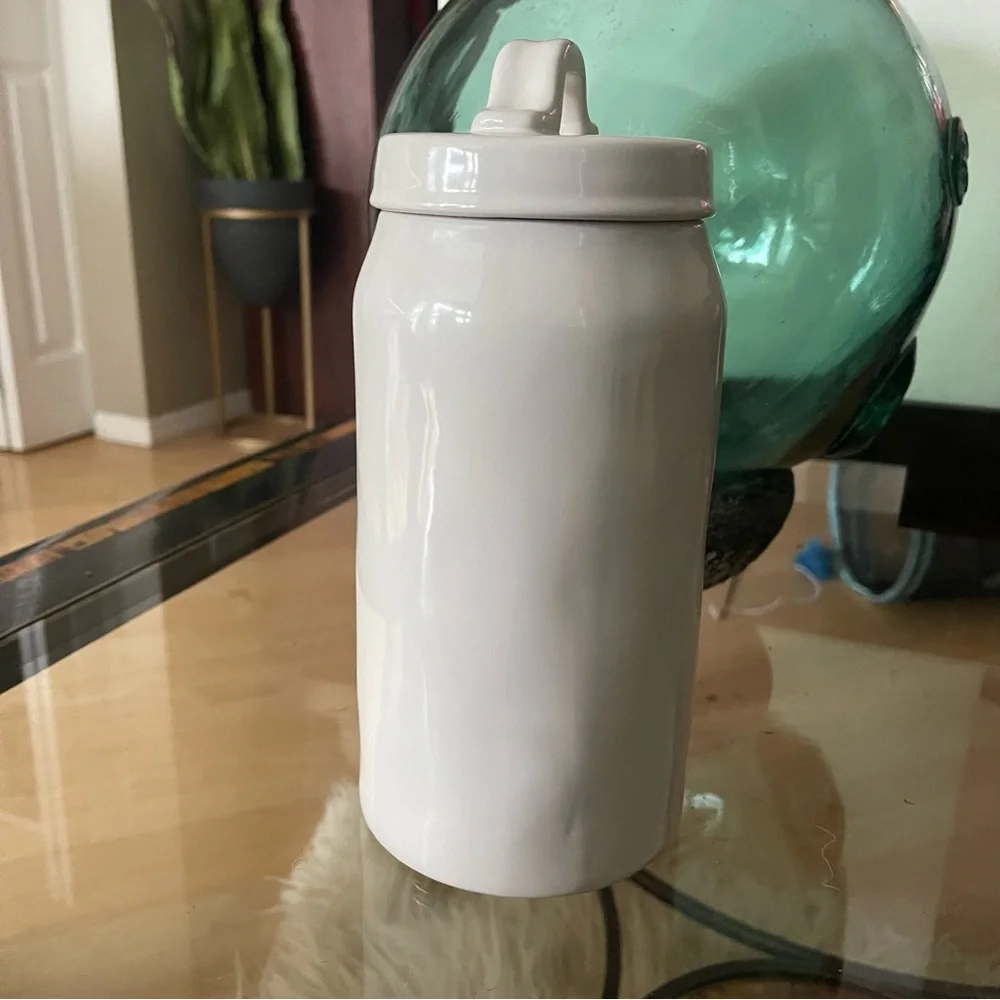 Rae Dunn White Ceramic Dog Treat Jar “WOOF”